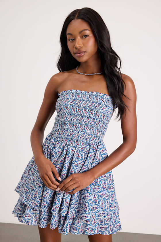Carson Ivory and Blue Geometric Print Smocked Mini Dress