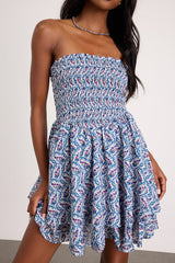 Carson Ivory and Blue Geometric Print Smocked Mini Dress