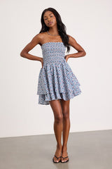 Carson Ivory and Blue Geometric Print Smocked Mini Dress