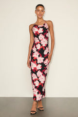 Valdria Black Floral Cowl Halter Midi Dress