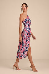 Jemmilah Navy Floral Textured One-Shoulder Midi Dress