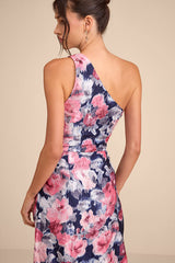 Jemmilah Navy Floral Textured One-Shoulder Midi Dress