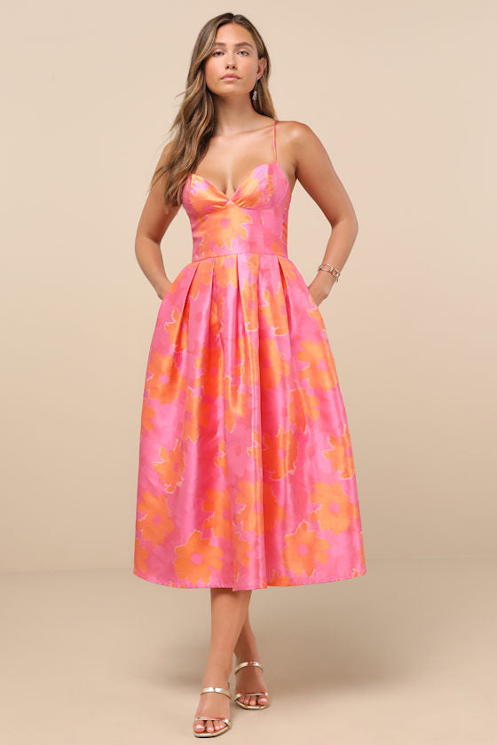 Vivinna Pink and Orange Floral Jacquard Pleated Midi Dress