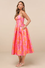Vivinna Pink and Orange Floral Jacquard Pleated Midi Dress
