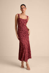 Celeste Rust Red Floral Burnout Bustier Maxi Dress