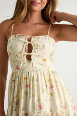 Nattie Pale Yellow Floral Tie-Front Tiered Midi Dress