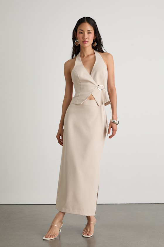 Virginia Beige Low-Rise Midi Skirt