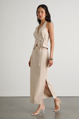 Virginia Beige Low-Rise Midi Skirt