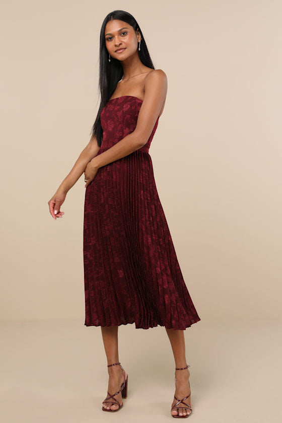 Perfectly Stunning Burgundy Jacquard Strapless Midi Dress