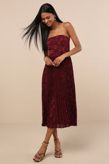 Perfectly Stunning Burgundy Jacquard Strapless Midi Dress