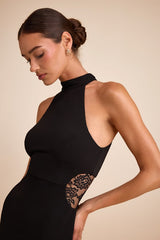 Vira Black Mock Neck Lace Cutout Maxi Dress