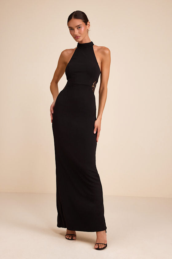 Vira Black Mock Neck Lace Cutout Maxi Dress