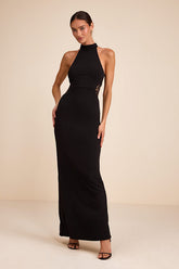 Vira Black Mock Neck Lace Cutout Maxi Dress