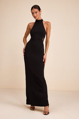 Vira Black Mock Neck Lace Cutout Maxi Dress