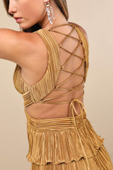 Beauty Icon Gold Satin Pleated Tiered Lace-Up Maxi Dress