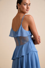 Dalena Dusty Blue Ruffled Lace Maxi Dress