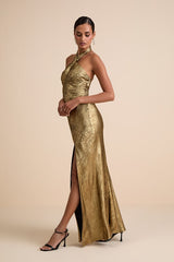 Knoxley Shiny Gold Lurex Cross-Front Halter Maxi Dress