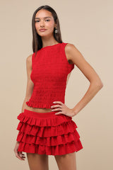 Izzy Red Smocked Tiered Two-Piece Skort Romper