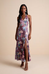 Liviana Dark Purple Floral Halter Maxi Dress