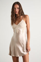 Maylene Champagne Satin Crochet Lace Slip Mini Dress