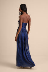 Kylin Navy Satin Basque Waist Maxi Dress