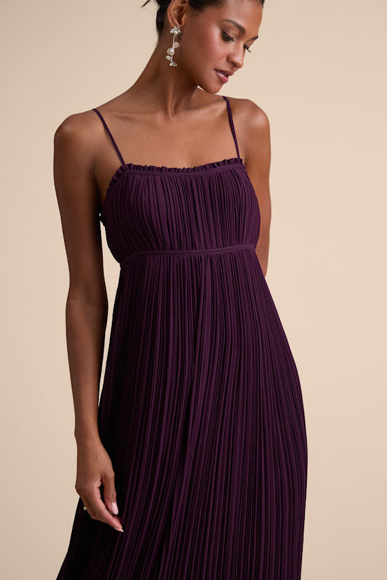 Delina Plum Plisse Chiffon Tie-Back Maxi Dress