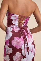 Oriana Burgundy Floral Satin Strapless Midi Dress