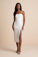 Tera White Floral Embroidered Strapless Midi Dress