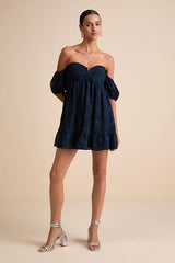 Cutest Icon Navy Embroidered Off-the-Shoulder Mini Dress