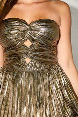 Ilyra Gold Lurex Plisse Cutout Strapless Mini Dress