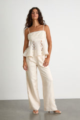 Vannah Ivory Linen Crochet Lace Wide-Leg Pants