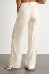 Vannah Ivory Linen Crochet Lace Wide-Leg Pants