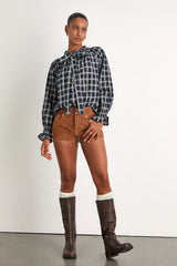 Hassie Navy Plaid Tie-Neck Button-Front Long Sleeve Top