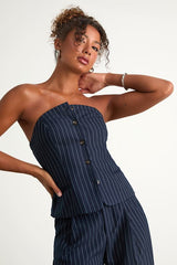 Rashana Navy Pinstriped Button-Front Strapless Top