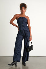 Rashana Navy Pinstriped Button-Front Strapless Top