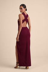 Head to Cocktail Hour Burgundy Halter Neck Maxi Dress
