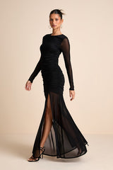 Vibrant Poise Black Mesh Ruched Maxi Dress