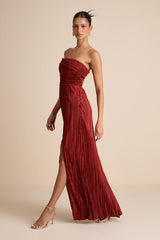 Poised Performance Rust Red Plisse One-Shoulder Maxi Dress