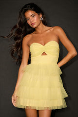 Sapphira Light Yellow Tulle Tiered Cutout Mini Dress