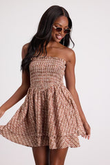 Carson Brown Geometric Print Smocked Mini Dress