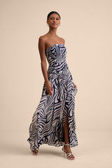 Calista Navy Print Ruched Drop Waist Maxi Dress