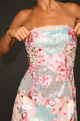 Tiffy Pink Multi Sequin Embroidered Strapless Mini Dress