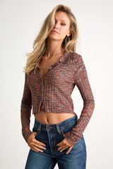 Avra Rust Multi Space Dye Collared Cardigan Sweater Top