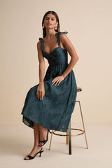 Loveliest Muse Dark Teal Burnout Floral Tie-Strap Midi Dress