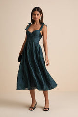 Loveliest Muse Dark Teal Burnout Floral Tie-Strap Midi Dress