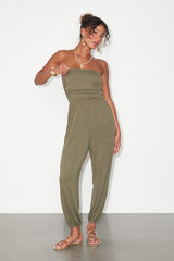 Flawless Comfort Olive Green Ruched Strapless Jogger Jumpsuit