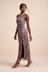 Elarinn Navy Floral Cross-Front Halter Midi Dress