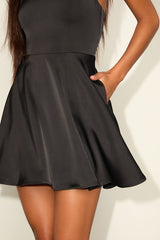 Admirably Chic Black Satin Lace-Up Mini Dress With Pocket