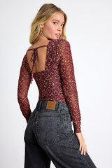 Adoring Desire Burgundy Floral Print Mesh Ruched Bodysuit