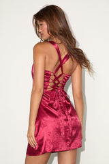 Exquisite Outlook Red Floral Jacquard Satin Lace-Up Mini Dress